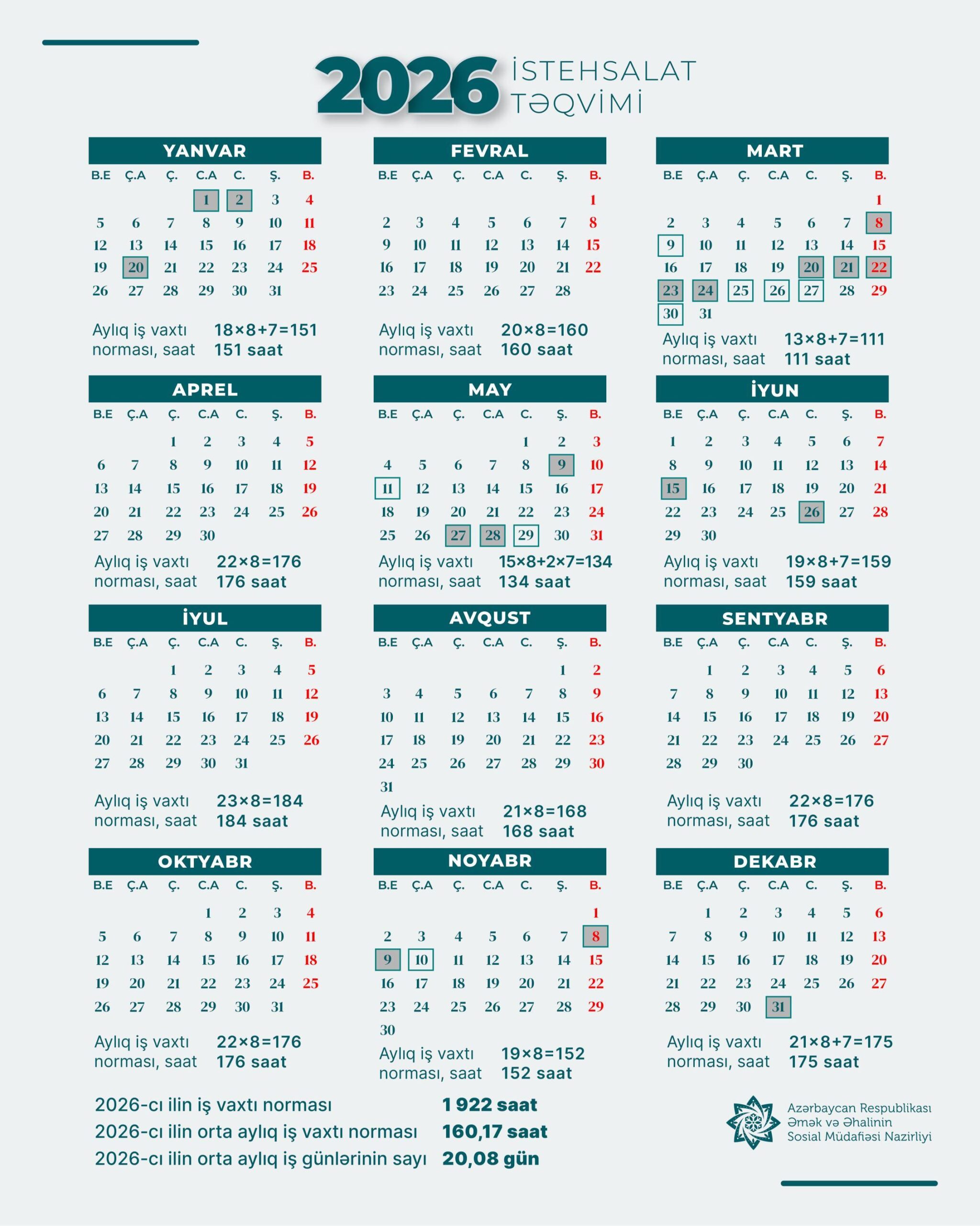 2026-cı ilin istehsalat təqvimi